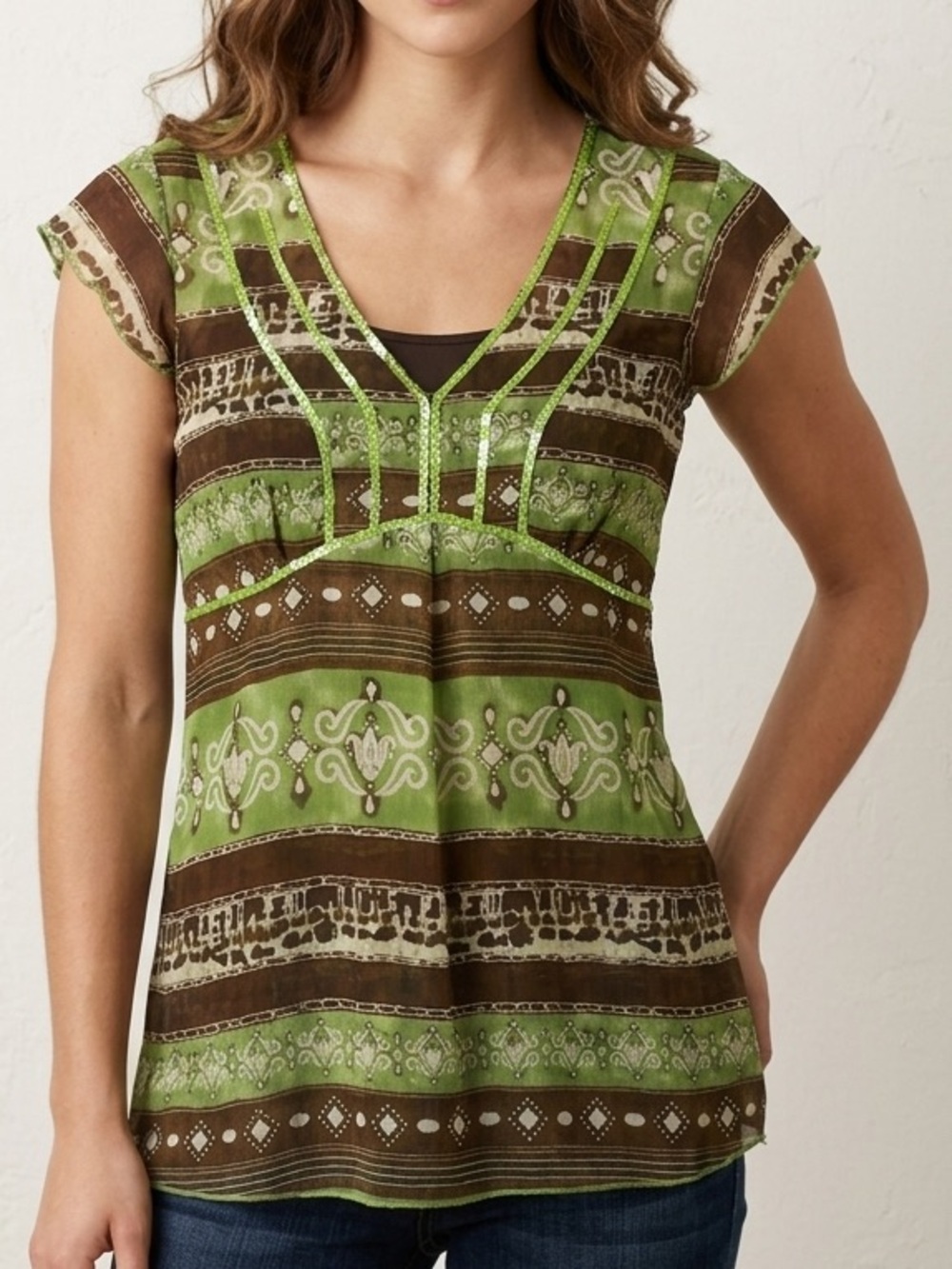 Y2K Reitmans Green Sheer Sparkely‎ Patterned V-Neck Short Sleeve Top Size Medium